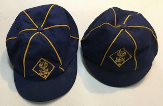 Two Vintage Cub Scout Hats Blue With Gold Stripping Size 7 1/4 " & 7 " ? Cond.