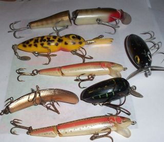 7 Vintage Fishing Lures,  Collectible Plastic,  Jitterbug Arbogast Rebel Floater,