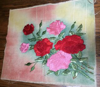 Stunning Vintage Nos Tinted Embroidered Pillow Cover With Roses Frameable