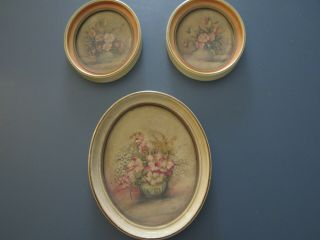 2 Vintage Floral Countess Zichy Prints In Oval Frames & Antique Oil Painting
