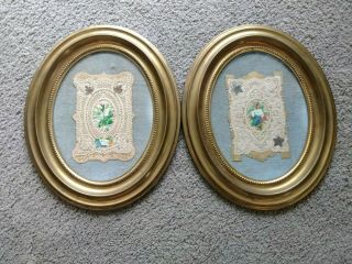 Pair 2 Antique Victorian Brass Wood Backed Oval Frames 6x8 " W/valentine 
