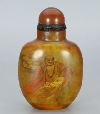 Chinese Exquisite Handmade Luohan Inside Painting Amber Snuff Bottle