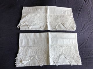 Pair Vintage White Cotton Housewife Style Pillow Cases Hand Crochet Edging