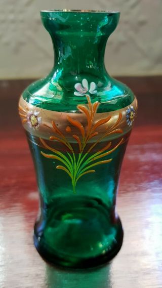 Art Nouveau Bohemian Emerald Green Flower Gold Gilt Handpainted Enamel Bud Vase