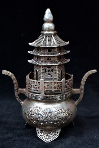Chinese Old Tibet Silver Copper 3 Beast Leg Dragon Tower Handwork Incense Burner