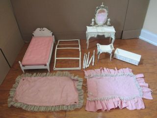 Vintage Barbie Doll Furniture Bedroom Set Canopy Bed Vanity Settee Dresser