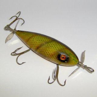 Vintage South Bend " Surf - Oreno " Wood Lure In Yellow Perch - Glass Eyes