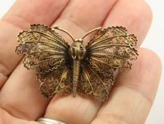 Antique Victorian Edwardian C1910 Silver Gilt Filagree Butterfly Brooch Pin