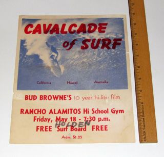 Vintage 1962 Bud Browne Cavalcade Of Surf Surfing Movie Poster Flyer