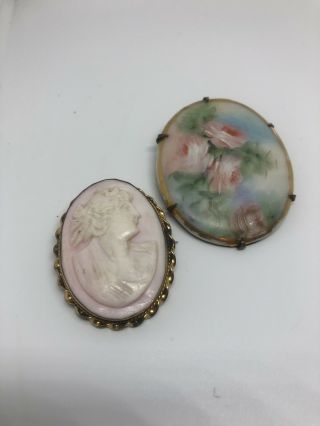 2 Antique Victorian Carved Shell Cameo Gold Gilt - Porcelain Brooch Hand Painted