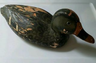Vintage Duck Decoy Hand Carved Highly Detailed Antique Solid Wood Painted Green