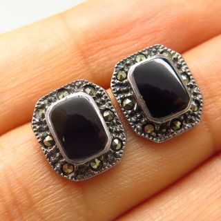 Vintage 925 Sterling Silver Real Marcasite & Black Onyx Gemstone Earrings