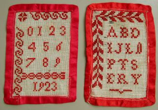 1923 Two (2) Cute Antique French Red Cross Stitch Samplers Silk Ribbon