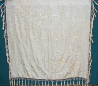 Vintage/antique Embroidered Silk Piano Shawl - Ivory On Ivory Background