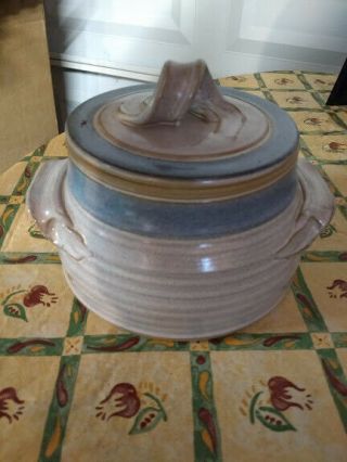 Vintage Primitive Stoneware Ceramic Pottery Crock W/ Unique Lid & Blue Stripes