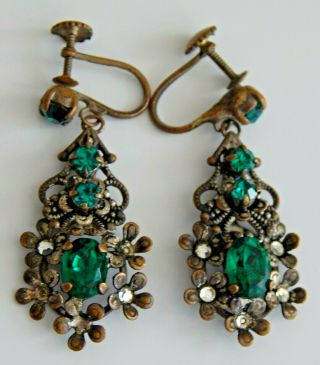Antique Art Deco Emerald Green Sparkle Paste Floral Flower Drop Dangle Earring
