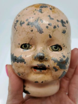 Tin Doll Head Victorian With Blue Eyes Open Smiling Mouth 2 Teeth
