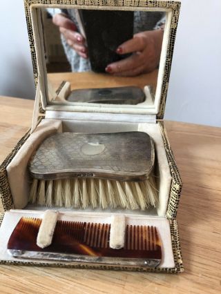 Vintage Silver Mounted Comb And Brush Set By Samuel M Levi Birmingham 1928 Cased