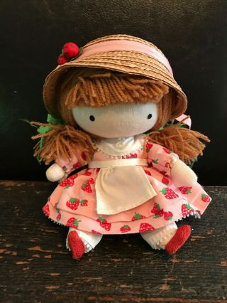 Vintage 1975 Joan Walsh Anglund 6.  5 " Pocket Doll Strawberry Print Dress Hat
