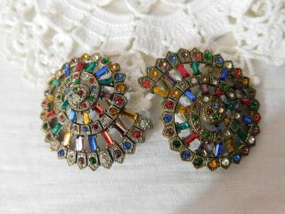 Set Of 2 Antique Art Deco Duet Pins Brooches Colorful Rhinestones 2 "