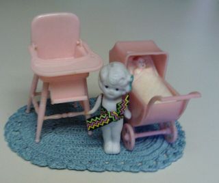 Vintage Bisque Girl Penny Doll With Vintage Dollhouse Renwal Baby Carriage Plus