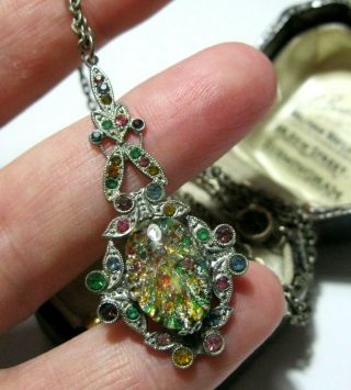 Vintage Jewellery Antique Art Deco Opal Glass Rainbow Crystal Pendant Necklace