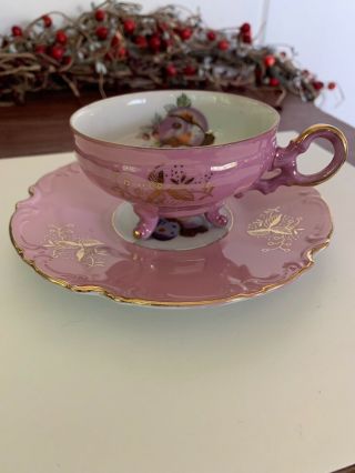 Pink Footed Tea Cup & Saucer With Plums