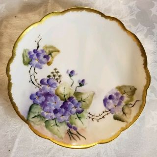 Antique Limoges France Scalloped Hand Painted Violets Plate W/ Gold Rim,  Signed