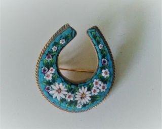 Antique Victorian Micro Mosaic Lucky Horse Shoe Brooch Blue With Daisies