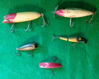 Vintage Wooden Fishing Lures 2 Or 3 Hooks On Set Of 5 B