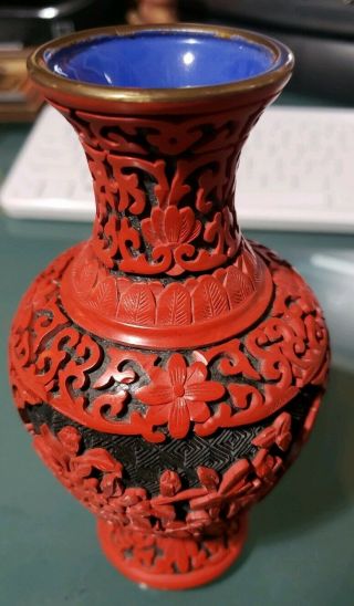 Vintage 50’s Chinese Relief Carved Red Cinnabar Lacquer Enameled Brass 6” Vase