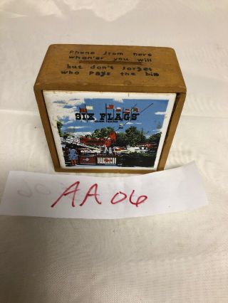 Six Flags Over Texas Wood Coin Bank With Saying.  Memorabilia,  Souvenirs