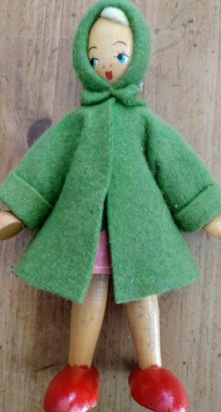 Vintage Girl In Dress Wooden Peg Doll Polish,  German Hand Painted