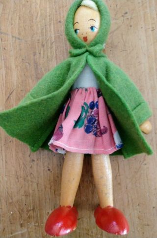 Vintage Girl in Dress Wooden Peg Doll Polish,  German Hand Painted 2