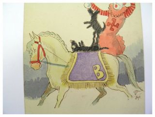 Art Deco watercolour illustration circus clown with horse & Scottie dogs 3