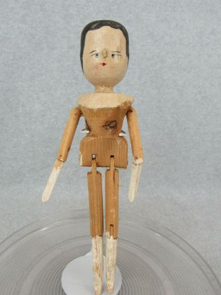 11 - 1/2 " Antique Primitive Grodnertal Jointed Peg Wooden Penny Doll Carved