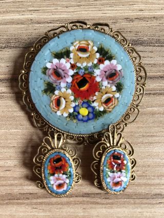Antique Vintage Italian Micromosaic Brooch Pin & Clip - On Earrings Set
