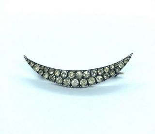 Antique Edwardian Crescent Moon Brooch Of Silver And Paste