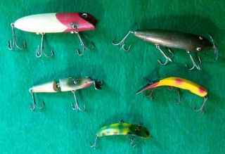 Vintage Wooden Fishing Lures 2 Or 3 Hooks On Set Of 5 A
