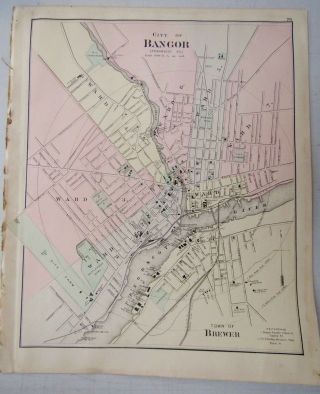 1888 Antique Hand - Colored Map Of Bangor And Ellsworth,  Maine From A Colby Atlas
