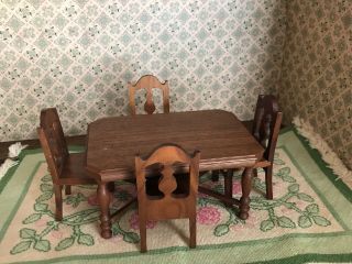 Vintage Strombecker Walnut Dollhouse Dining Room Furniture