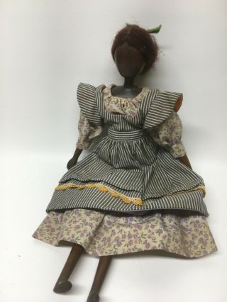 Vintage Black Folk Art Wood Doll Rachel Riggle ??? Feathers Feather Stamp 16 "
