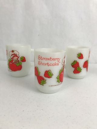 3 Vintage Strawberry Shortcake Coffee Mugs Anchor Hocking 1980 White Milk Glass