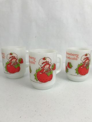 3 Vintage Strawberry Shortcake Coffee Mugs Anchor Hocking 1980 White Milk Glass 3