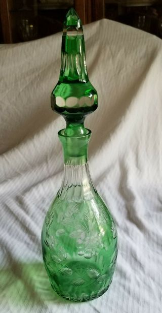 Emerald Green Cut To Clear Antique Bohemian Czech Glass Decanter With Stopper