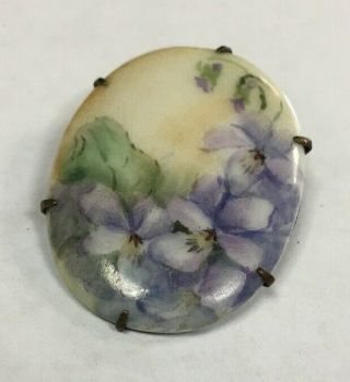 Antique Victorian Hand Painted Porcelain Brooch Pin 1 1/8”