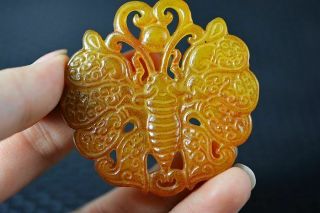 Delicate Chinese Old Jade Carved Butterfly Lucky Pendant W97