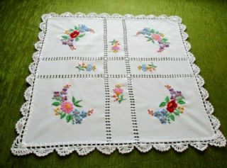 Vintage Table Center - Kalocsa Hand Embroidery,  Crochet - 20 " Sq.