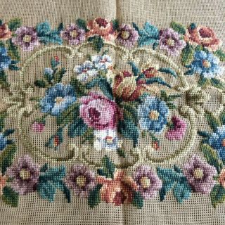 Antique Vtg Needlepoint Canvas Prework Wool Floral Victorian Bench Seat Cover