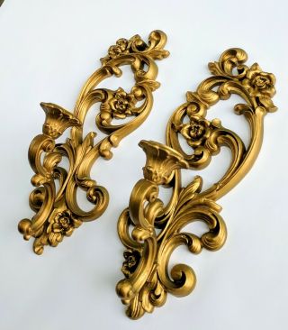 Wall Candle Sconces Gold Ornate Syroco Homco 1970s Vintage Hollywood Regency 15 "